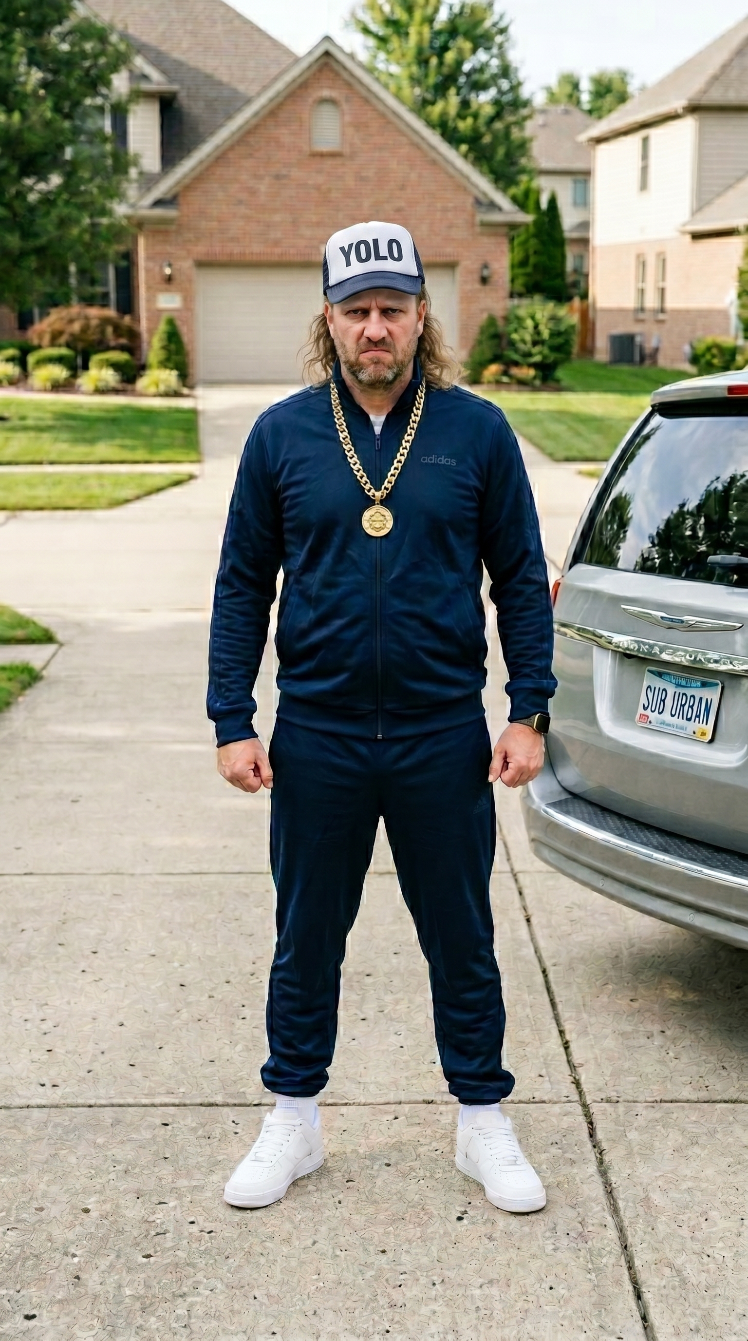 DSwagg standing in his driveway in a YOLO trucker hat and tracksuit, minivan with SUB URBAN plate behind him