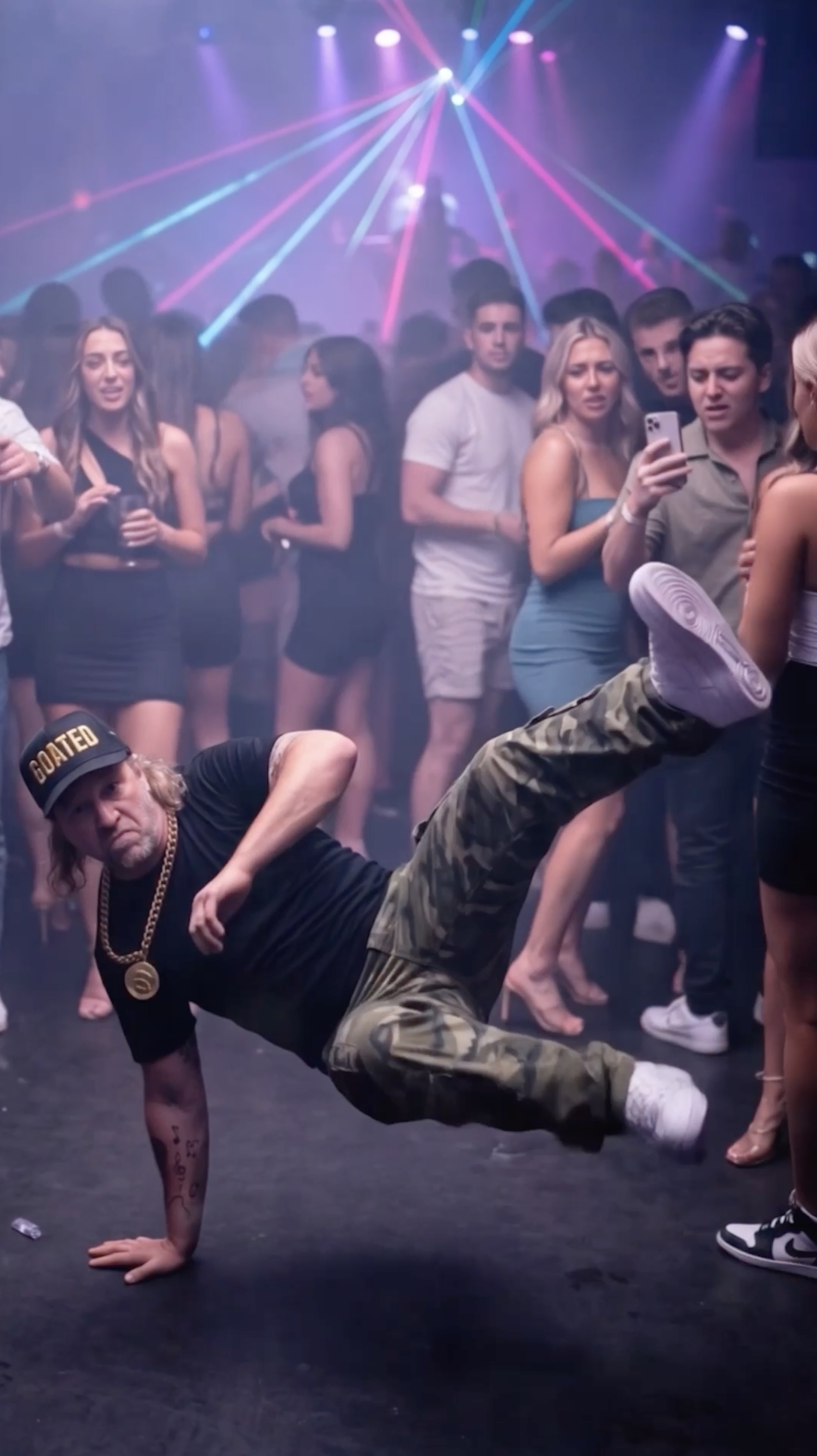 Video still for DSwagg, breakdancing in a nightclub under laser lights